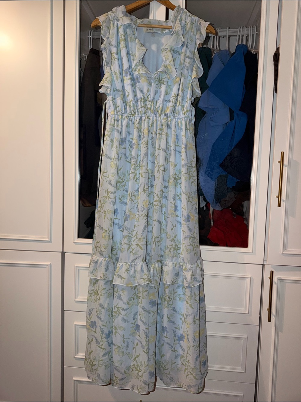Light Blue Floral Ruffle Maxi Dress